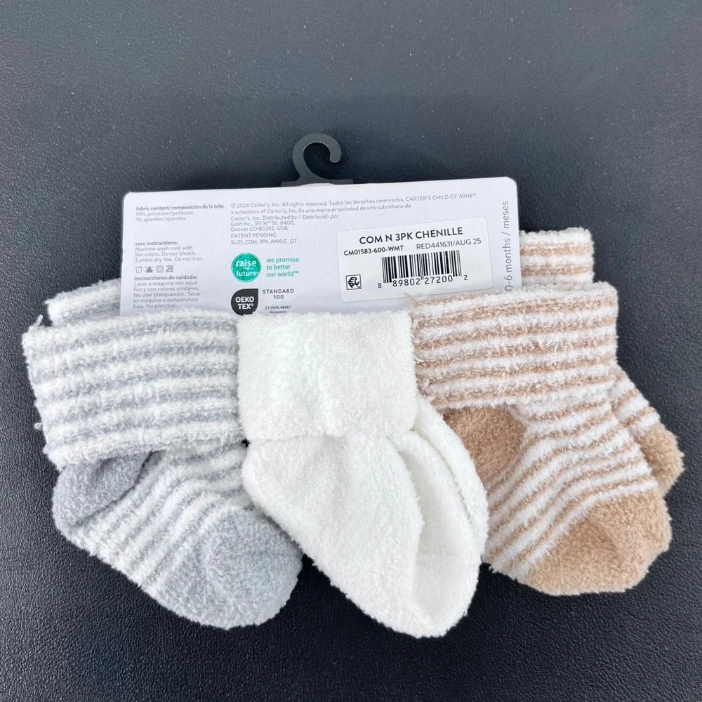 Carter's Chenille Socks Unisex 0-6M Multi Color 3PK Striped Solid Ankle Booties